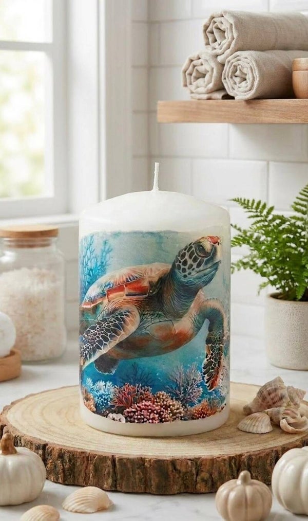 Sea Turtle Pillar Candle | Coastal Ocean Home Decor (Unscented)