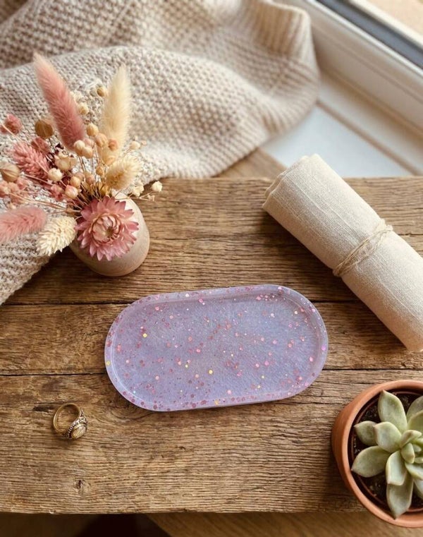 Handmade Lavender Resin Trinket Tray | Pink Glitter Oval Catchall Dish