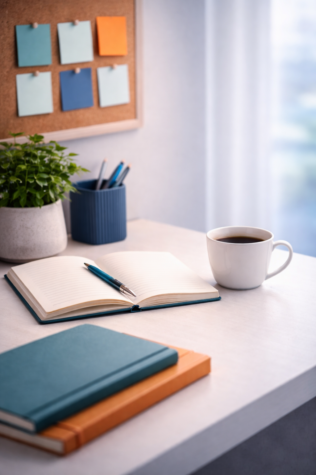 Desk with coffee, notebook and plant.
