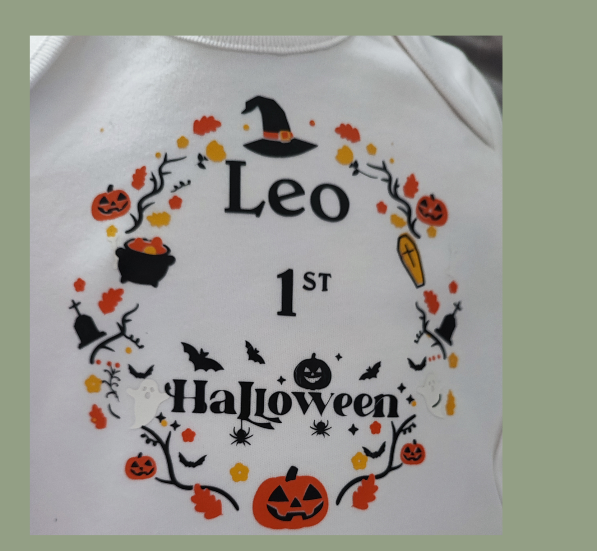 first halloween baby vest. Personalise with name. up to size 12-18 moths