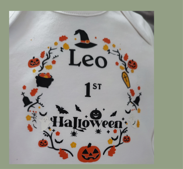 first halloween baby vest. Personalise with name. up to size 12-18 moths