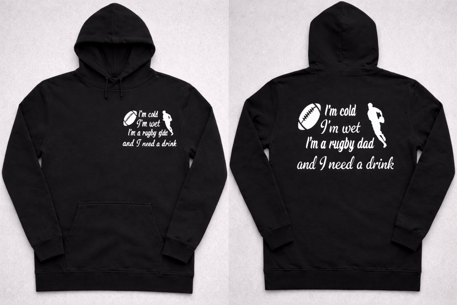 Mens hoodie. Available in various colours.Small logo front, large logo back