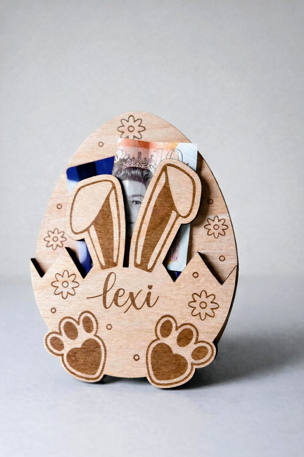Personalised wooden Easter bunny money holder