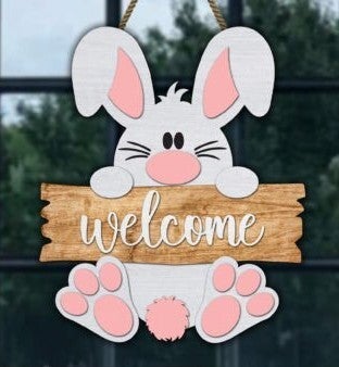 Wooden bunny welcome door hanger sign