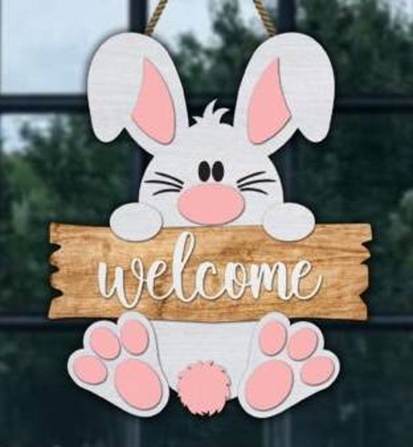 Wooden bunny welcome door hanger sign