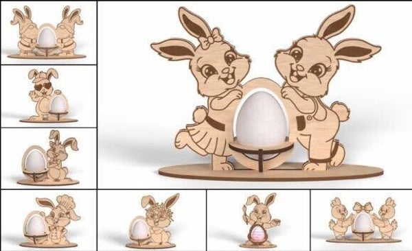 Wooden Easter egg holders, available in a variety of charming designs featuring bunnies and chicks