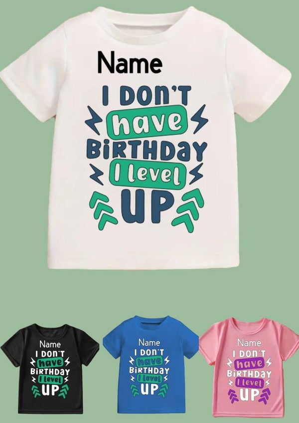 Level up gamer birthday t-shirt. Personalise with name and age. Available in a variety of colours