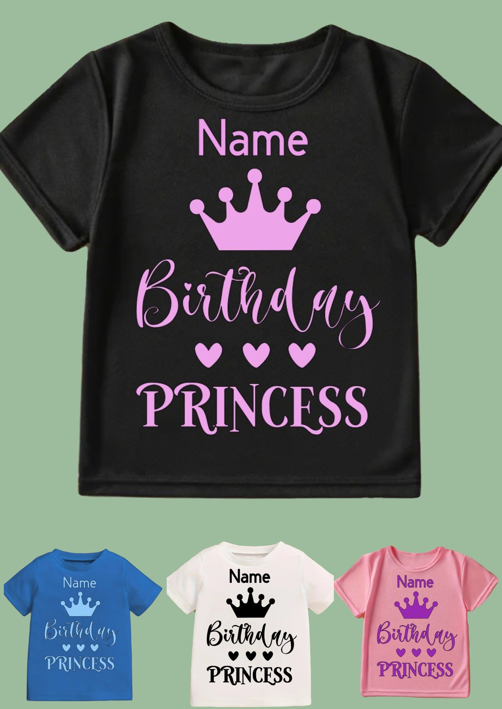 Birthday princess themed birthday t-shirt. Personalise with name. Available in a variety of colours