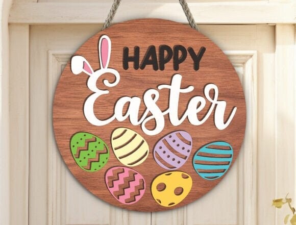 Wooden "Happy Easter" door sign features a bunny and colorful eggs.