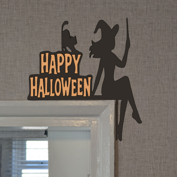 Halloween wooden door corner topper cat, happy halloween and witch