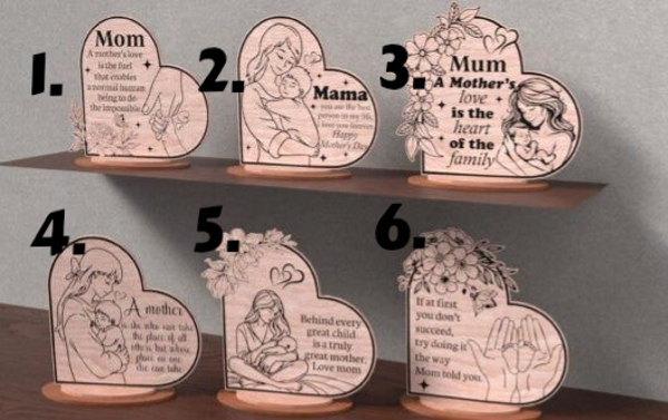 Heart-shaped wooden plaques for Mother's Day. 6 designs