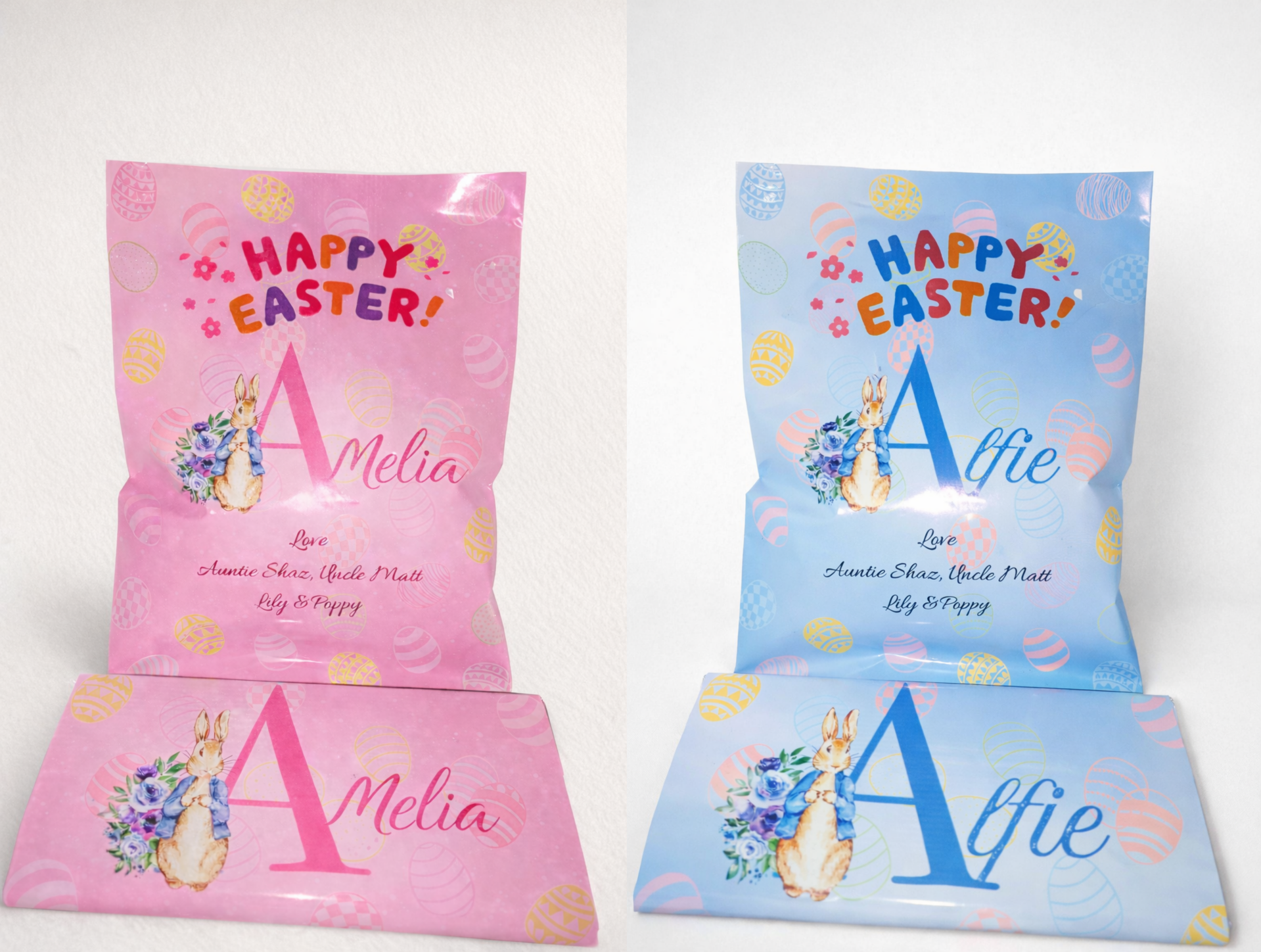 Personalised Easter packaging. Packet and chocolate wrapper