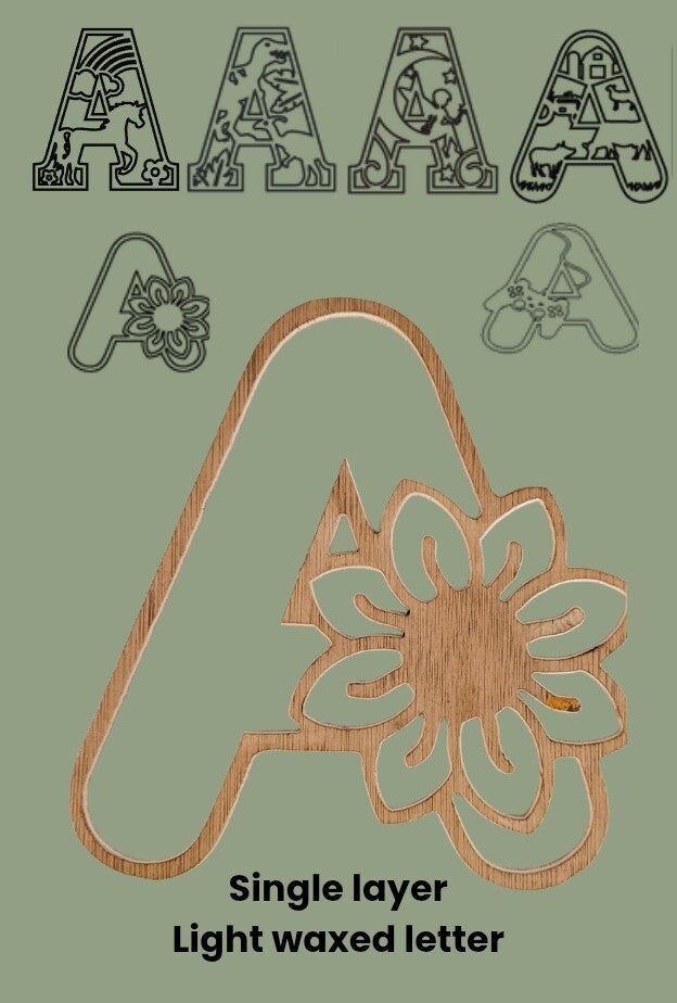 20 cm wooden letter Fairies, flowers, unicorns, dinosaurs, gaming and farm theme. Single layer stained