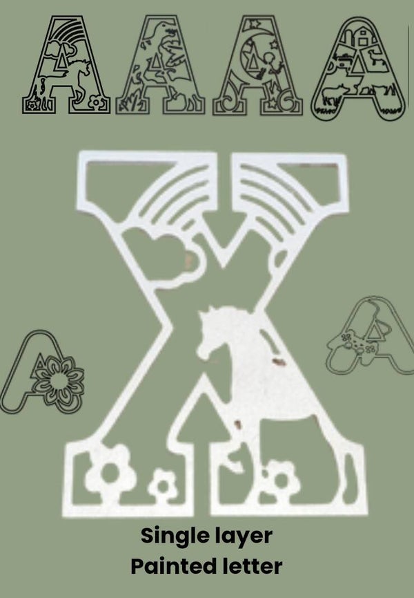 30 cm wooden letters. Fairies, flowers, unicorns, dinosaurs, gaming and farm theme. Single layer painted