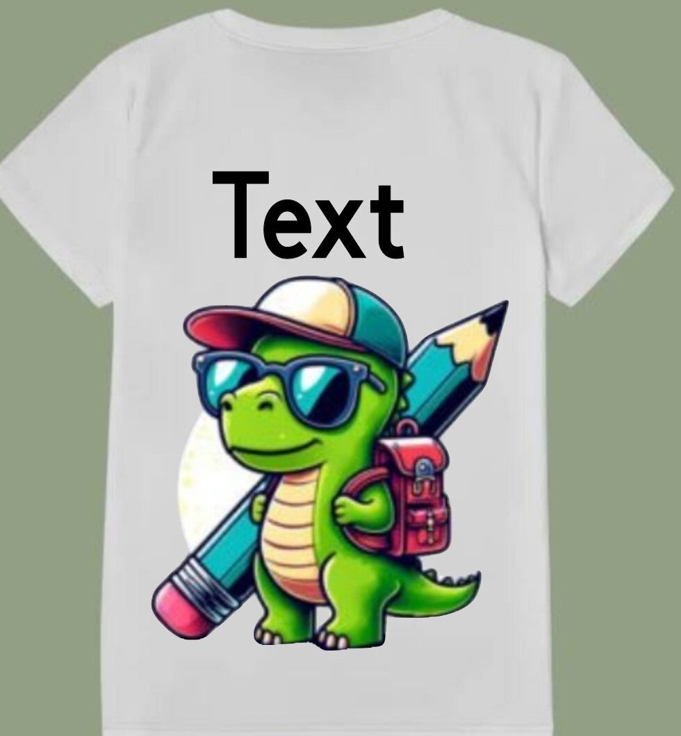 Kids personalised school dinosaur themed t-shirt. Add own text. Age 1 to 13 years