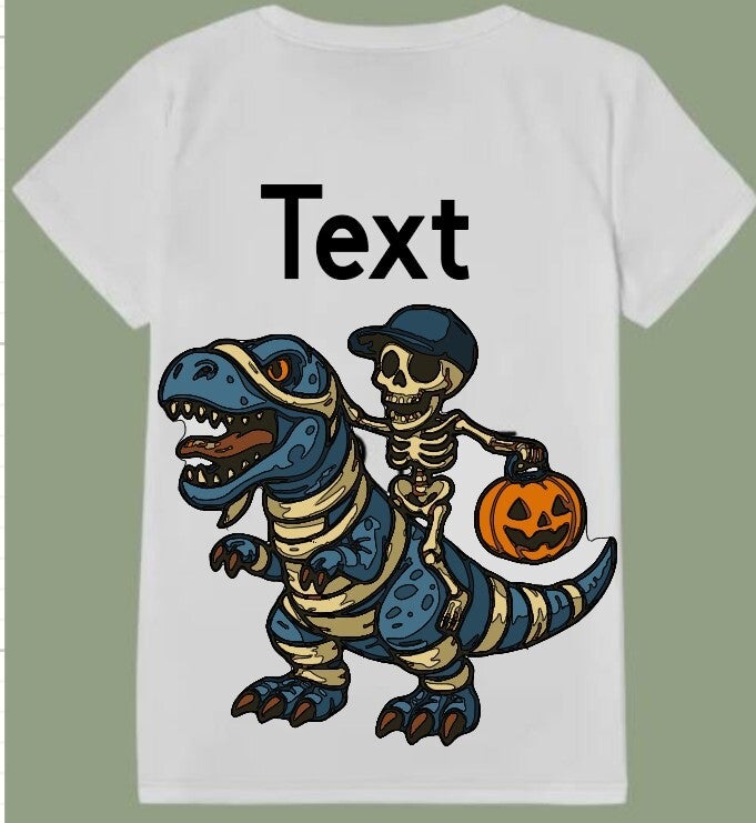 Kids personalised dinosaur skeleton themed t-shirt. Add own text. Age 1 to 13 years