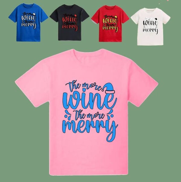 Adults Christmas t-shirt. 'The more wine, the more merry'Mens and womens sizes