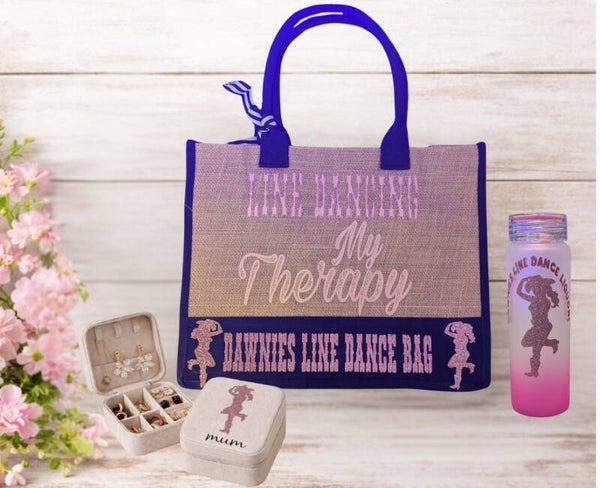 Beautifully coordinated gift set – perfect for yourself or a gift for someone special. Tote bag, travel jewellery box and glass water bottle. Customise with text