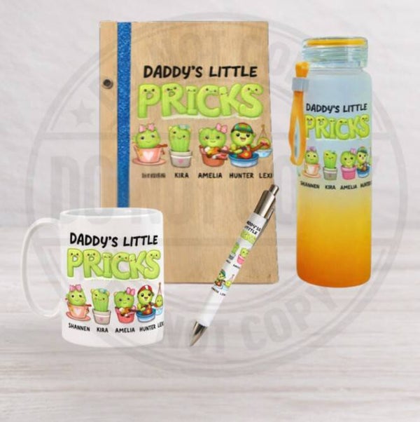 Little pricks cactus humorous gift set – perfect for yourself or a gift for someone special. Wooden notebook, pen, cup and glass bottle. Choose from several designs, add names