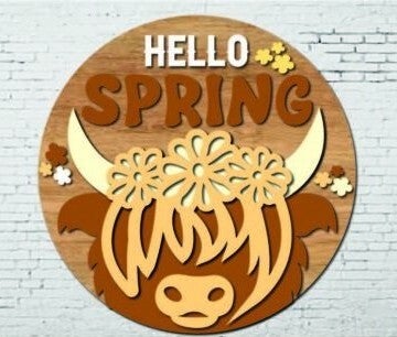 Wooden "Hello Spring" Highland Cow door hanger sign