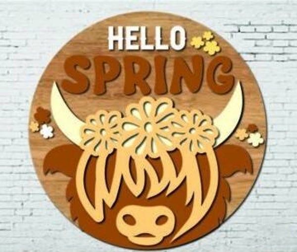Wooden "Hello Spring" Highland Cow door hanger sign