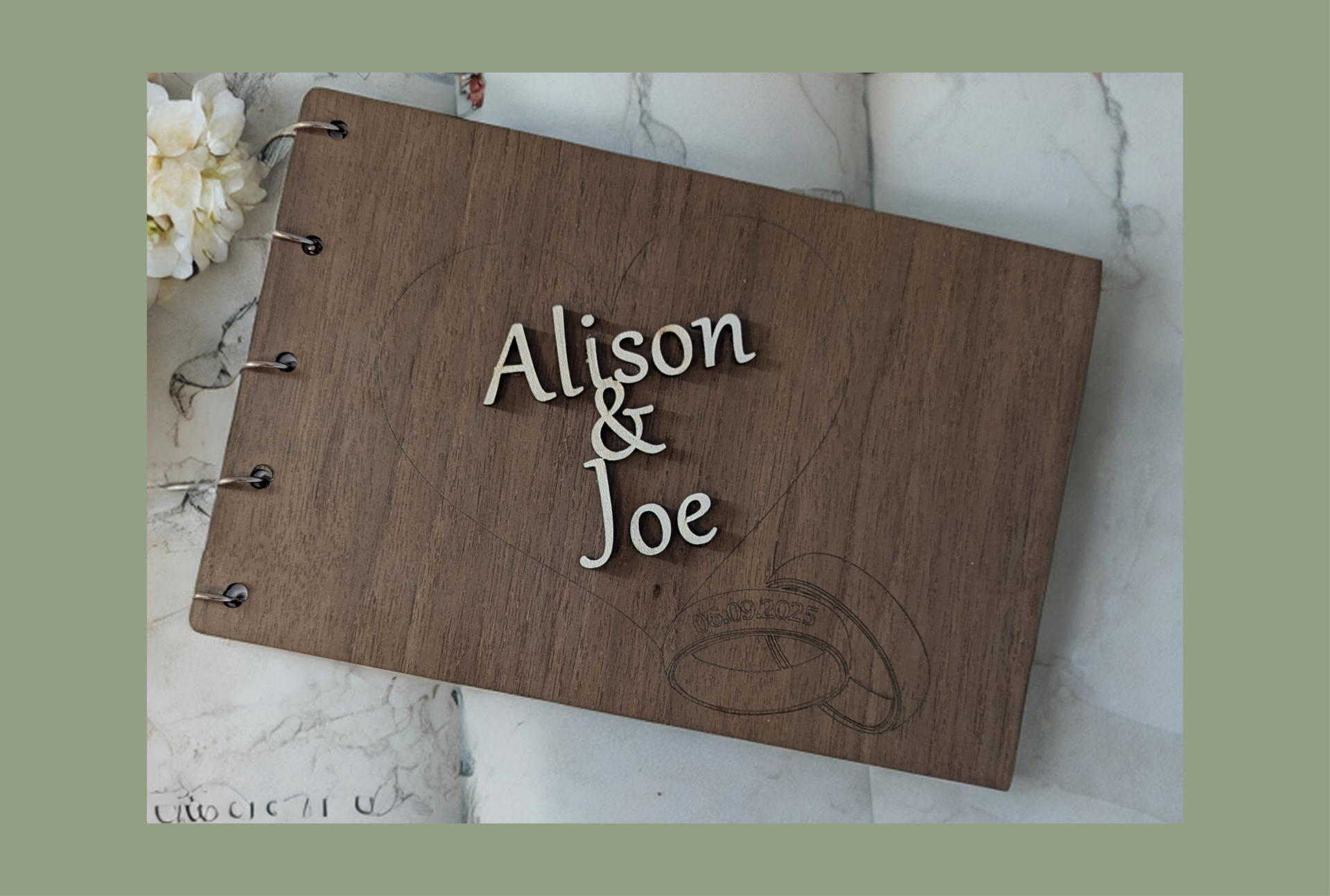 Personalised wooden raised painted sketch, guest,photo book