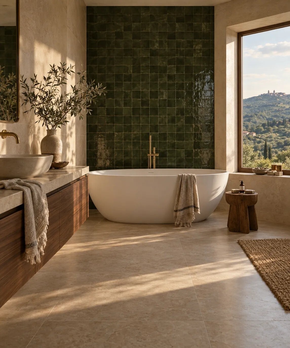 Bagno caldo e luminoso con vasca freestanding, rivestimento verde e vista sulle colline