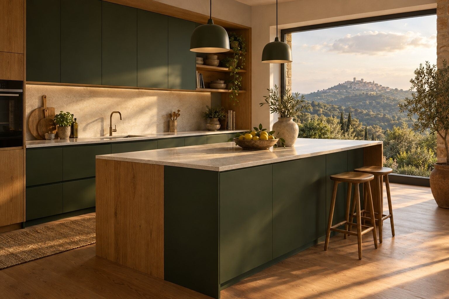 Cucina moderna con isola, ante verde bosco opaco e legno di rovere, vista sulle colline