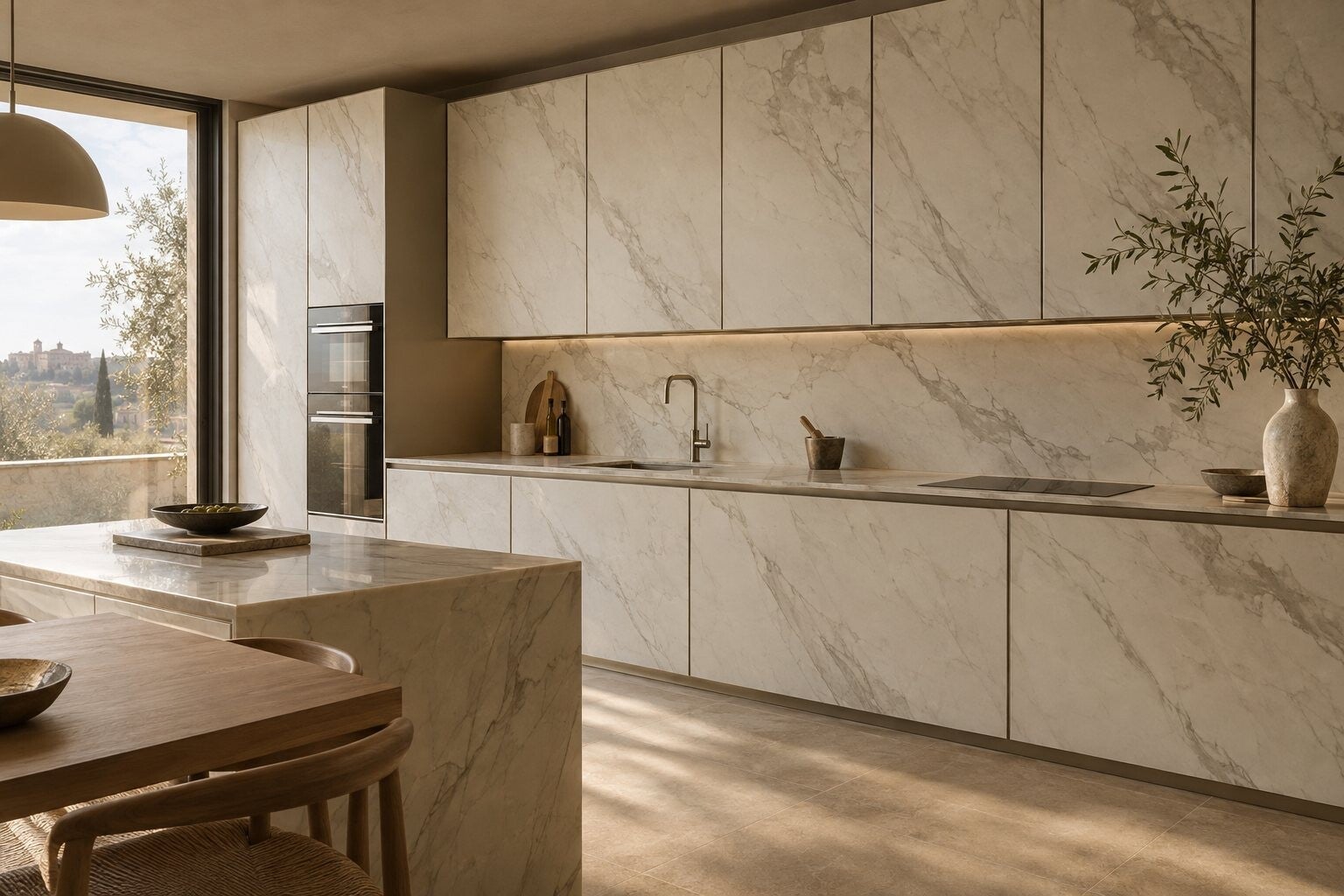 Cucina elegante con ante effetto marmo bianco venato e isola