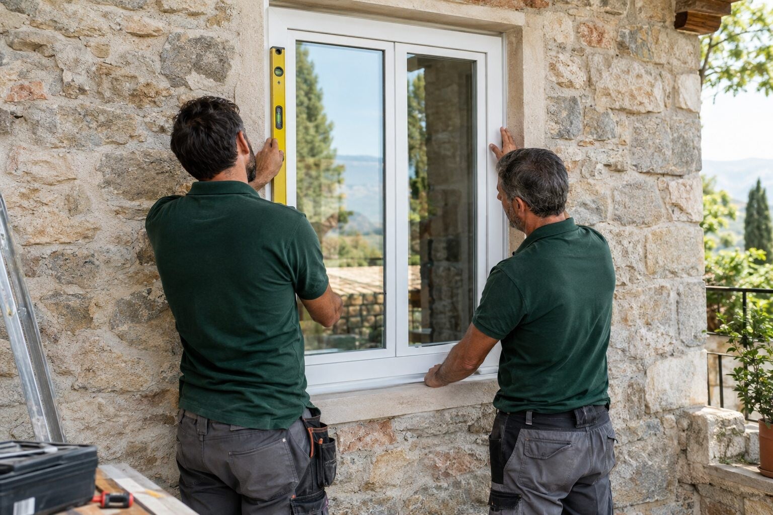 Due posatori montano una nuova finestra bianca in una parete in pietra