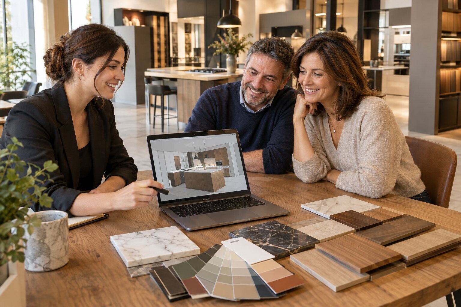Progettista che mostra a una coppia il progetto 3D della cucina con campioni di materiali sul tavolo