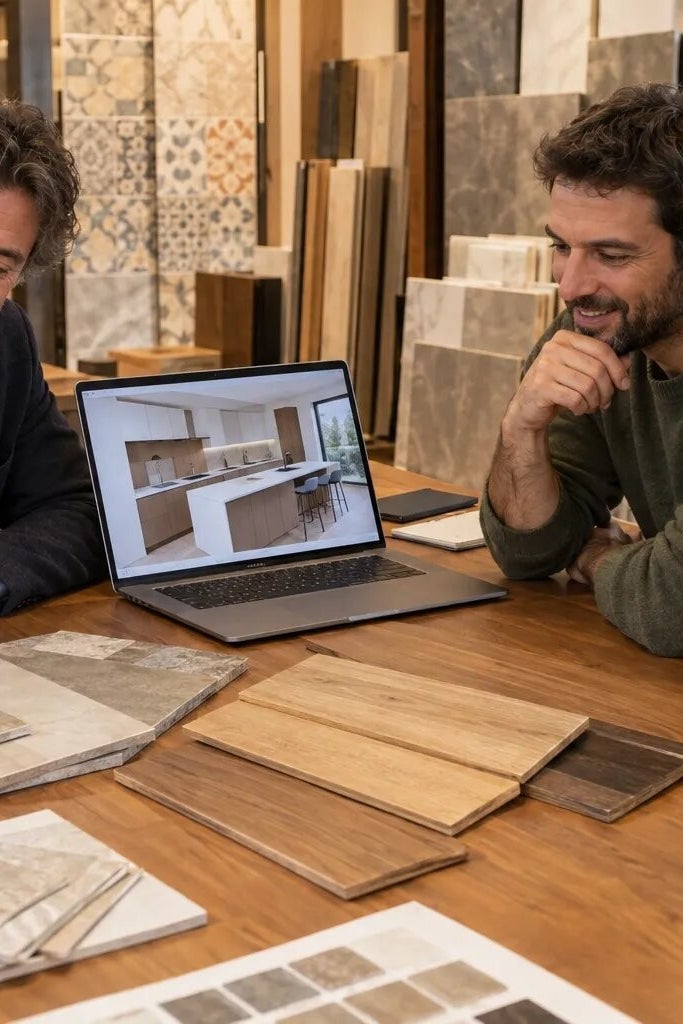 Consulente ESA mostra campioni di piastrelle, legno e un profilo di finestra a una coppia