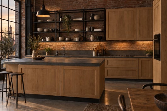 Cucina in stile industriale con ante a telaio in rovere e mensole in metallo nero