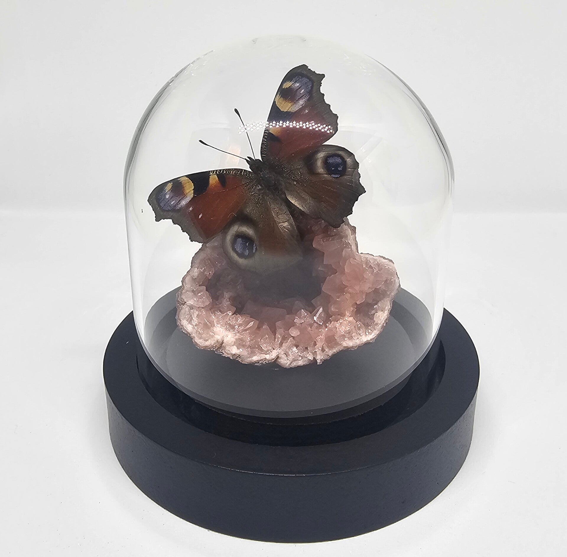 Aglais io (Dagpauwoog) op Roze Amethist Geode