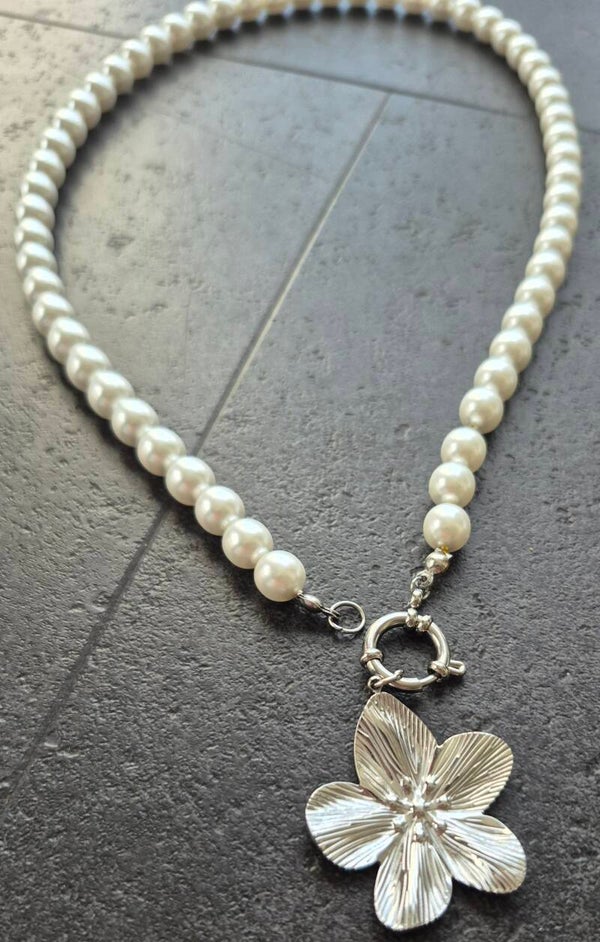 parelketting zilver met bloem