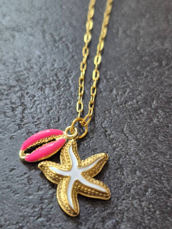Ketting zeester wit en roze schelp