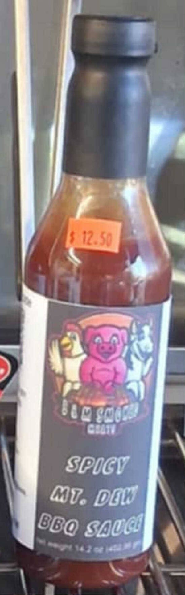 14.2oz bottle spicy mt dew bbq sauce, gluten free, no msg