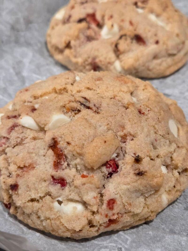 Gluten-free strawberry & white chocolate cookies