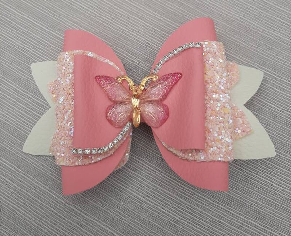 Haarspeld strik roze wit glitter vlinder