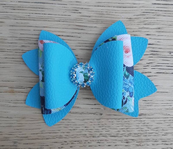 Haarspeld strik blauw bloemen, steentjes