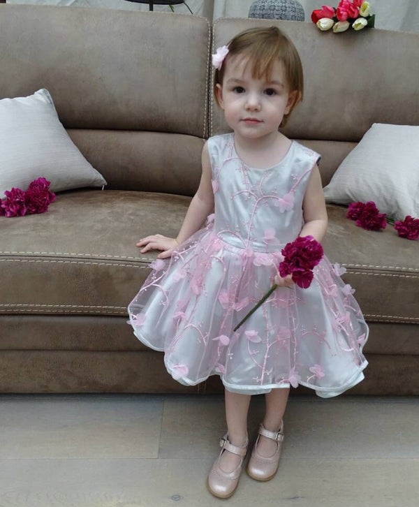 Feestelijke jurk m92 grijs satijn, roze 3D-tule