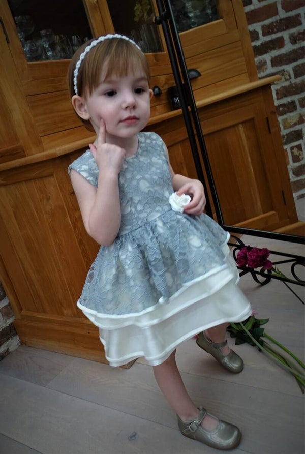 Feestelijke jurk m86 grijs satijn, roze 3D-tule