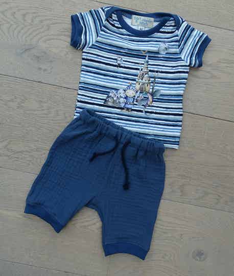 baby setje: shirt streep ridder & kasteel + blauwe gauze broek