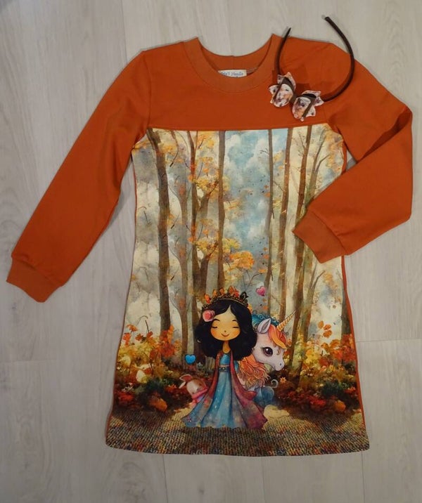 Jurk swaeterstof meisje met unicorn in bos terracotta
