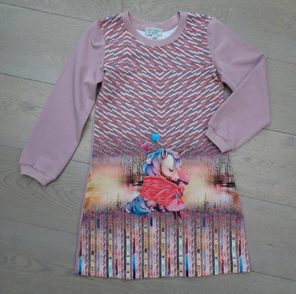 Jurk swaeterstof unicorn sjaal oud roze