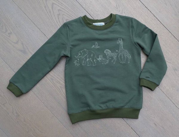 sweater uni kakigroen borduur jungle