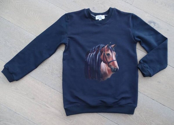 sweater Horse donkerblauw, bruin paard