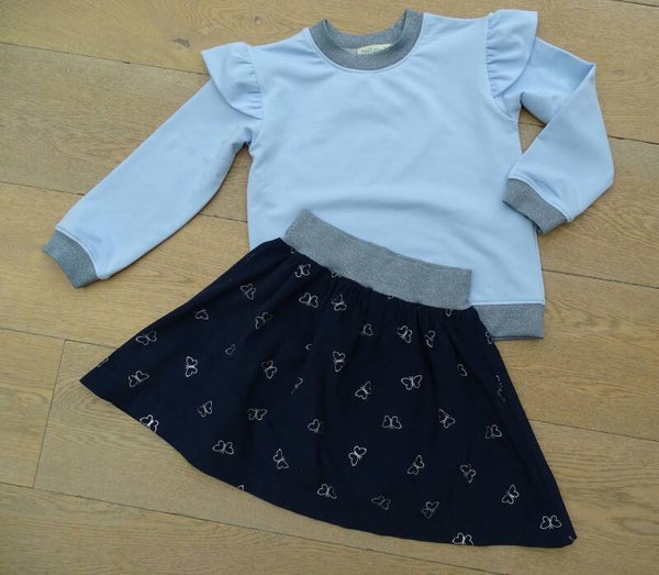 set: rimpelrok + sweater, donkerblauw/lichtblauw