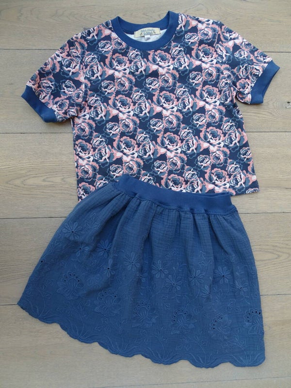 Set rok + T-shirt : gauze blauw broderie