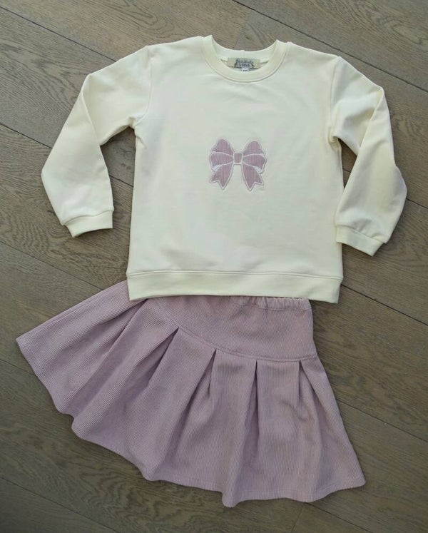 set: oud roze rok plooien corduroy + sweater ecru strik